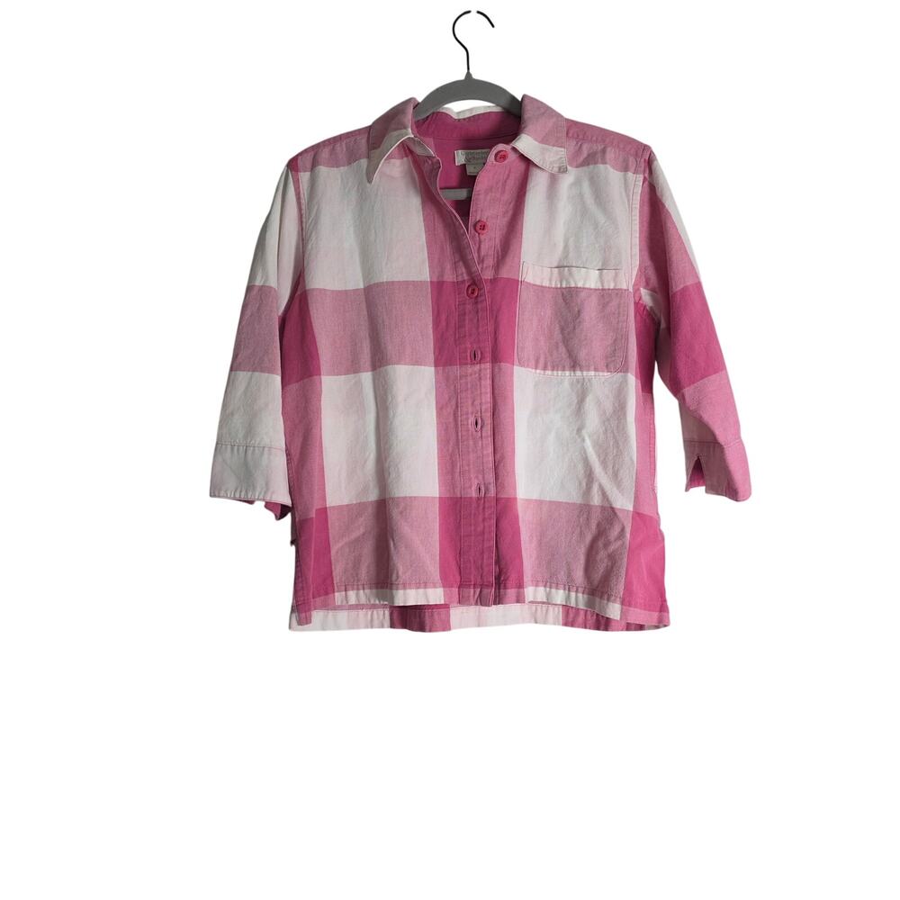 Women's Small Vintage Y2K Pink Plaid Button Down Shirt 3/4 Sleeve Coastal Cute
